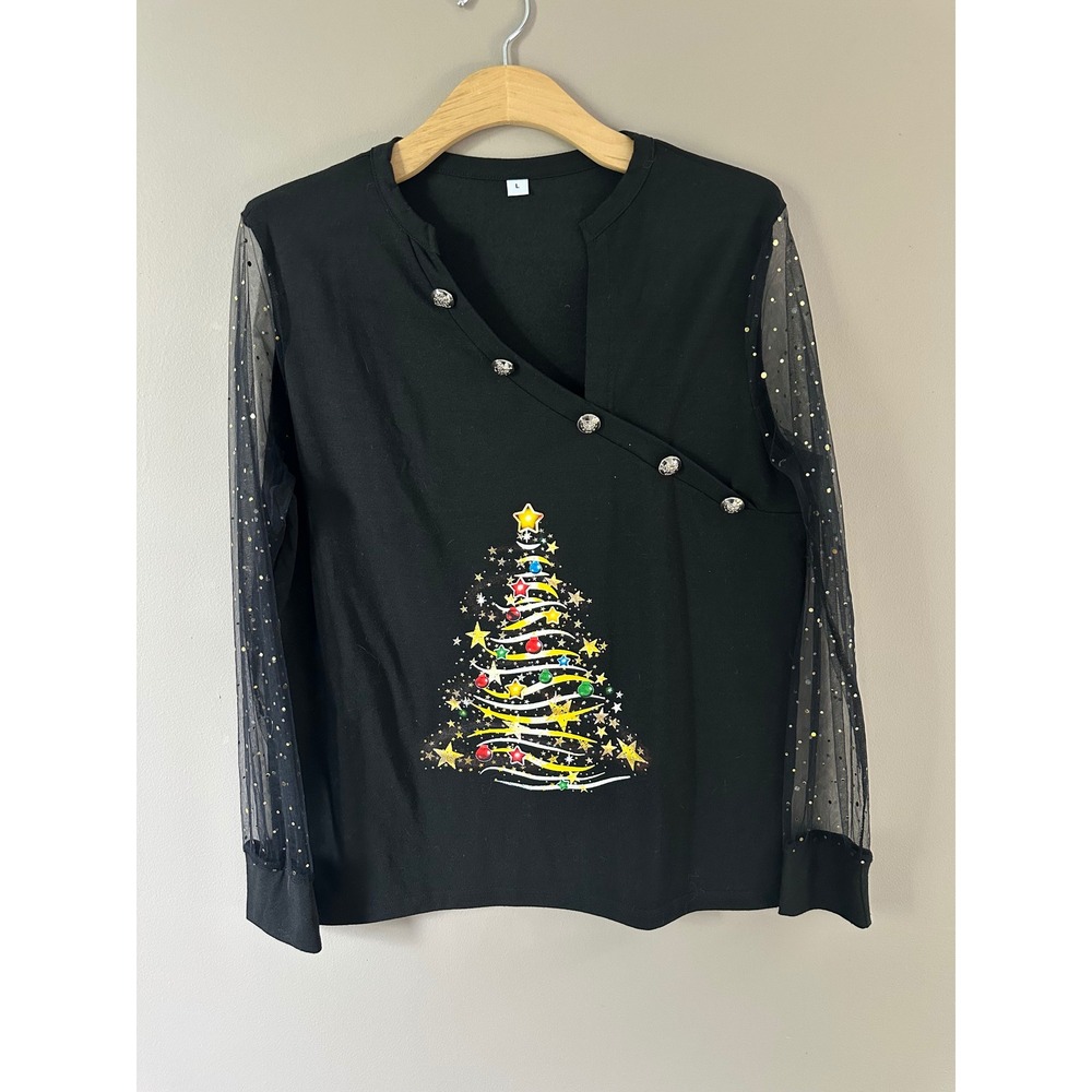 Christmas Tree Graphic Top Mesh Glitter Sleeves Black Asymmetric Button Neck L